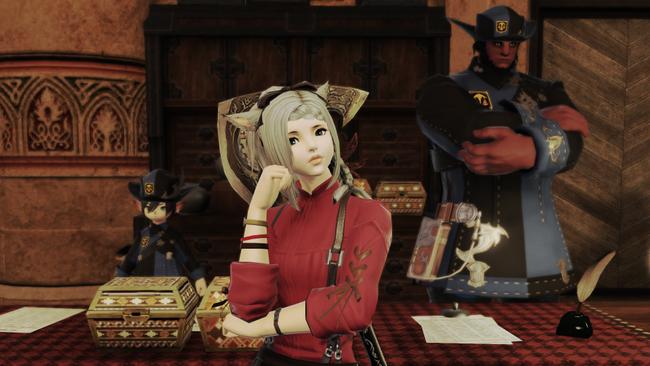 A Final Fantasy XIV Miqo'te standing in front of the Immortal Flames Grand Company for Free Company Experience Buffs.