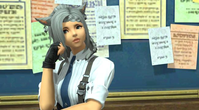 A crafter in FFXIV, standing in front of the Market Board.