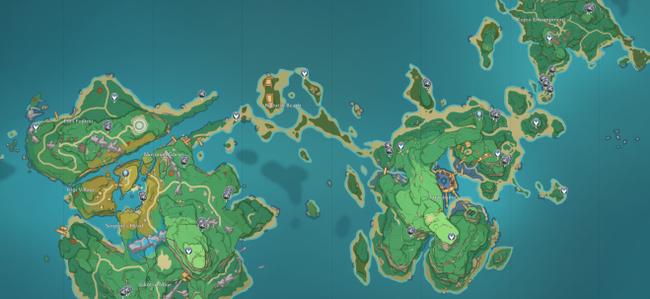 Inazuma's Yoshiori Island on the map, with circled locations to check for White Iron Ore nodes.
