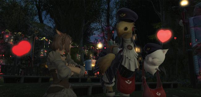 The Valentione's Day Moogle and Chocobo NPCs talking to a Warrior of Light during the quest.