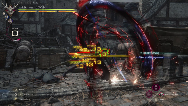 A battle in FF16's real-time combat system.
