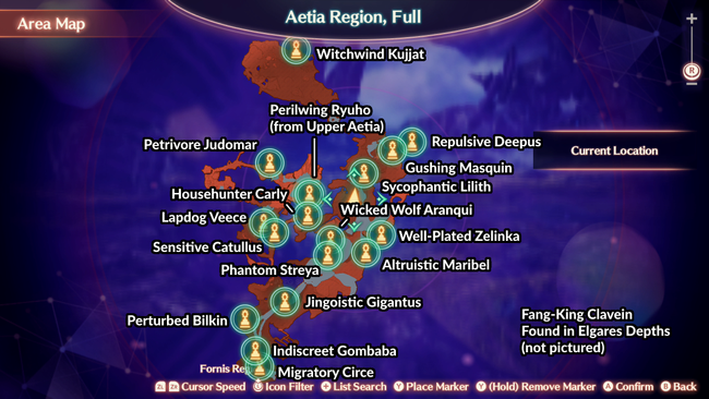 A map showing the Unique Monster locations in the Aetia Region of Xenoblade 3.