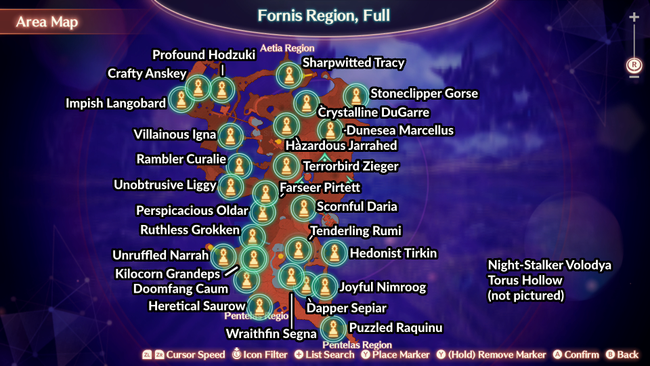 A map that shows where to find Unique Monsters in the Fornis area of Xenoblade Chronicles 3.