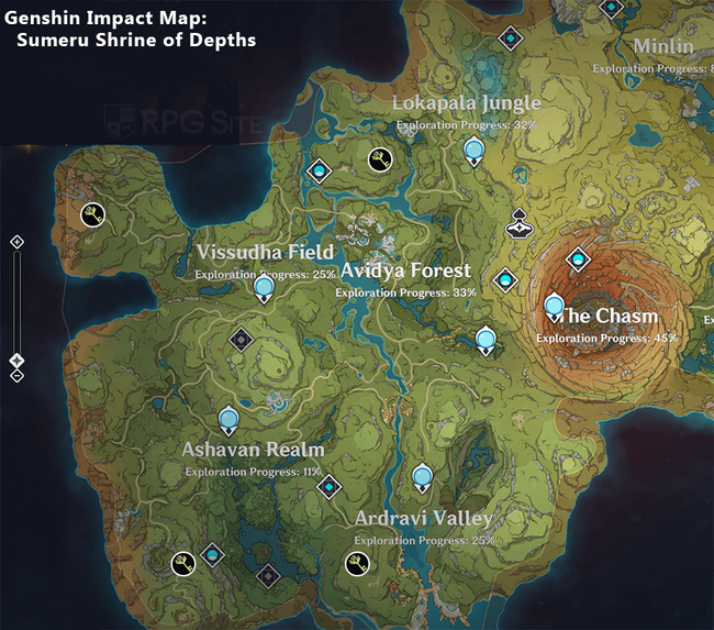 An image of the Sumeru region with all of its Shrine of Depths locations marked.