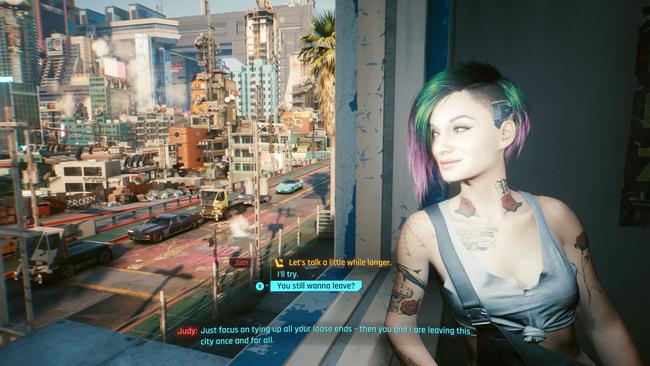 A picture of a scene from the Cyberpunk 2077 Judy Alvarez romance, one of the four main romance options.