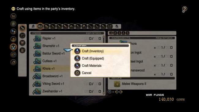 The Tactics Ogre Reborn crafting menu is a little obtuse, but we can explain these options.