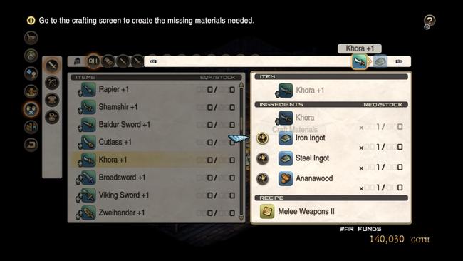 Choosing the Craft Materials option lets you get in-depth into the Tactics Ogre Reborn crafting system.