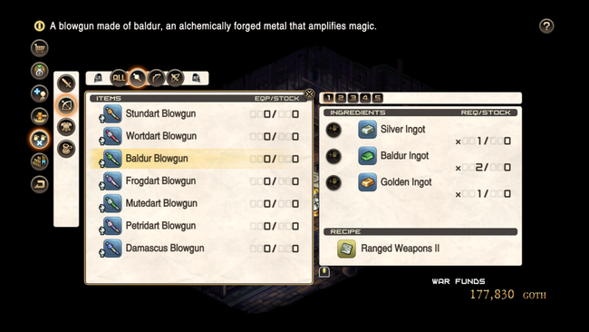 The first step in getting Infinite Money in Tactics Ogre Reborn is the Ranged Weapons 2 recipe.