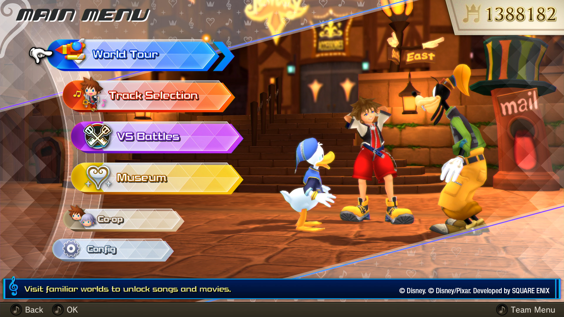 Kingdom Hearts: Melody of Memory screenshots show main menus and