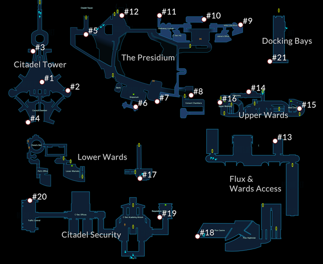 An annotated map of Mass Effect's Citadel area, with the locations of the Keepers.