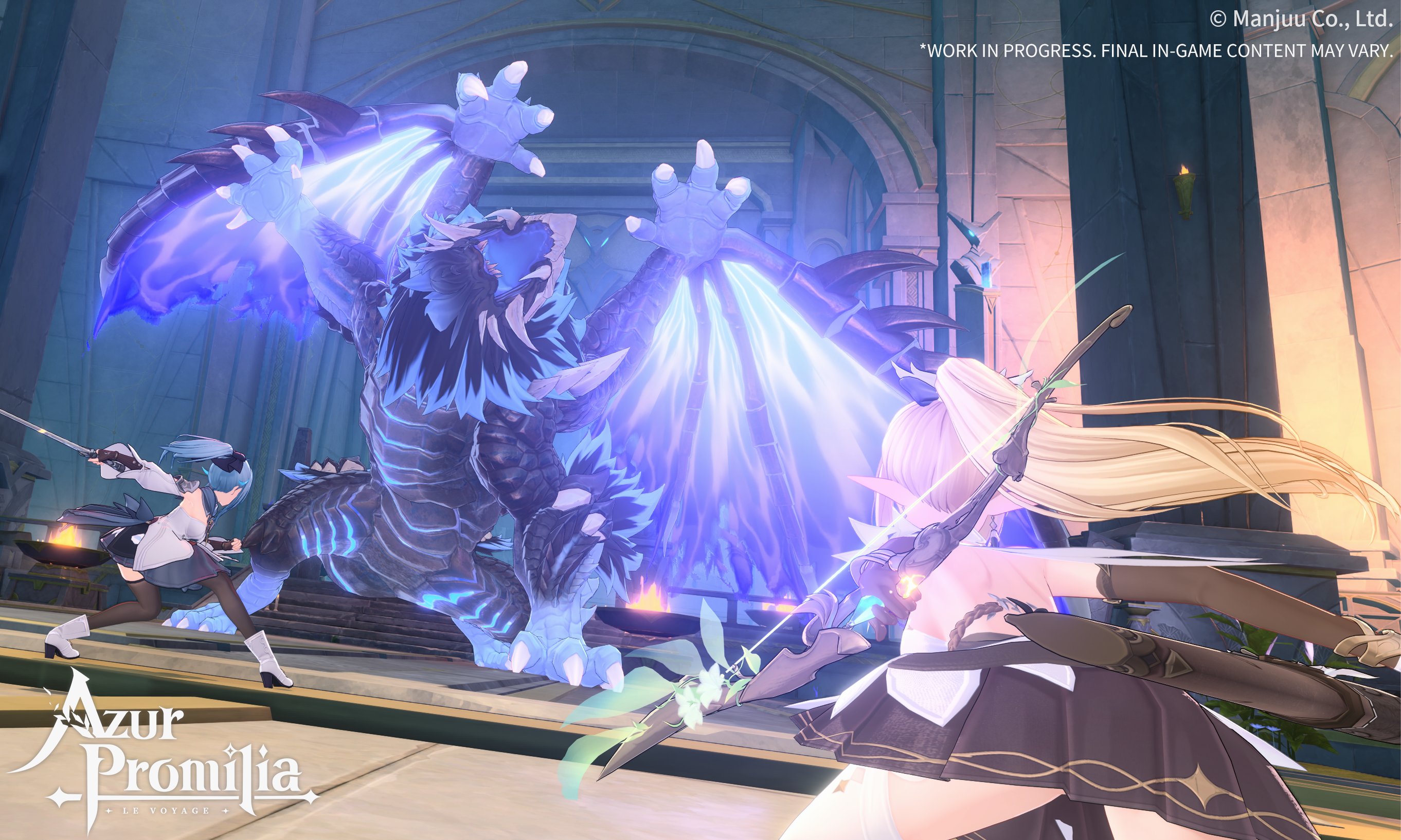 Combate contra una criatura gigante en una captura oficial de Azur Promilia