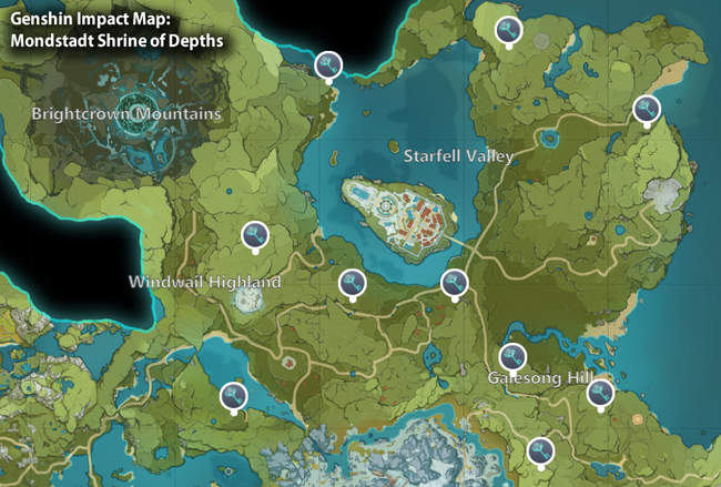 An annotated map showing the Mondstadt region Shrine of Depths locations.