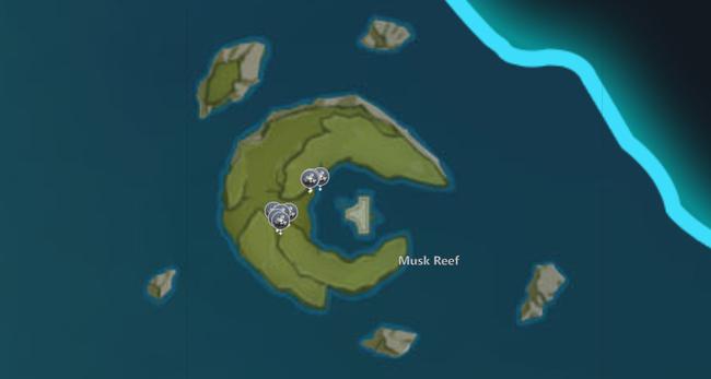 A map showing 8 nodes for White Ore Chunks at Musk Reef.