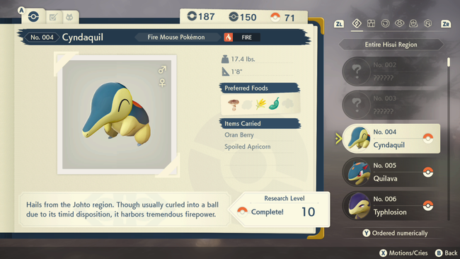 Cyndaquil, the fire-type starter in Pokemon Legends Arceus.