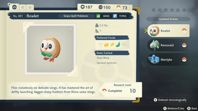 Rowlet, the Grass-type starter in Pokemon Legends Arceus.