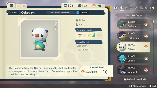 Oshawott, the water-type starter in Pokemon Legends Arceus.