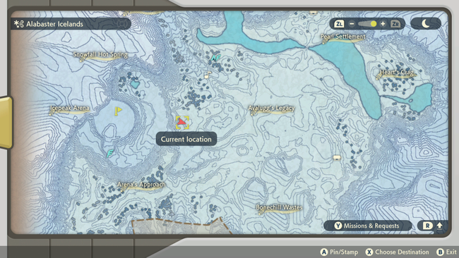 The location of Zeke in Pokemon Legends Arceus for Quest 86, Astray in the Icelands.
