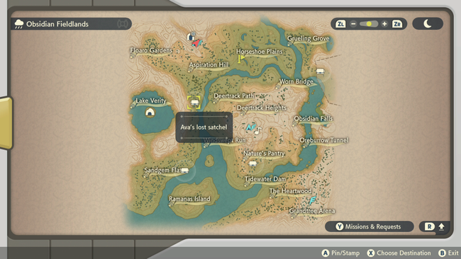 A map showing a lost Satchel's location in Pokemon Legends: Arceus; retrieve it to get MP!