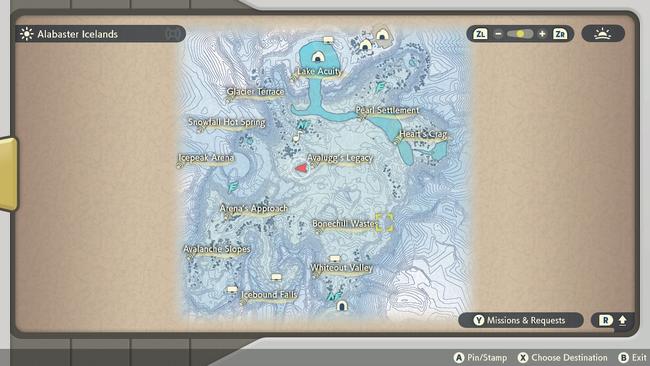 The location for an ice cave entrance, as shown on the in-game map.