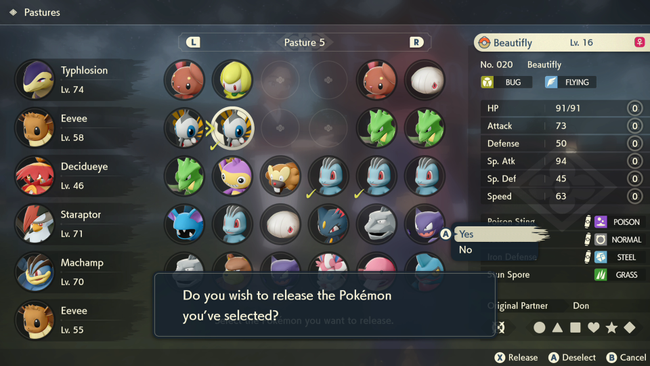 The Pasture menu in Pokemon Legends Arceus, which is where you mass release Pokemon you're not using.