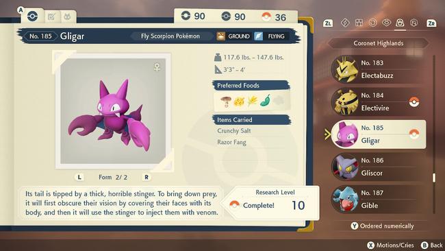 Gligar's Pokedex entry, showing that it can drop a Razor Fang
