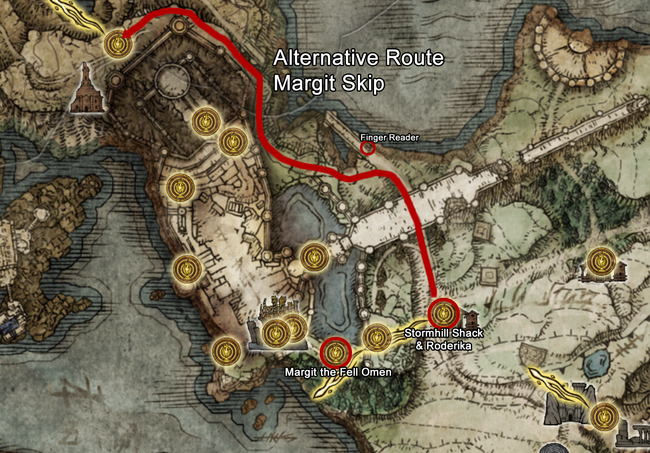 A map of how to skip Margit the Fell Omen and Stormveil Castle in Elden Ring.