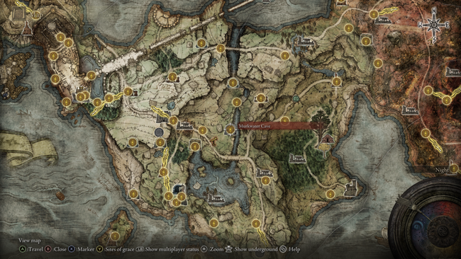 The location of Murkwater Cave, where Patches is found and Margit's Shackle can be obtained.