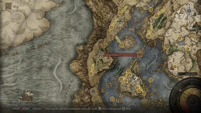 The location of The Four Belfries, to the west of Liurnia of the Lakes. Teleport with your Imbued Sword Keys from here.