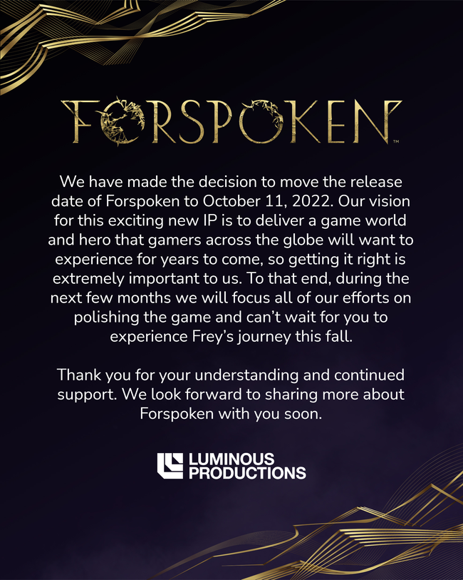 The Forspoken delay announcement from Square Enix and developer Luminous Productions.