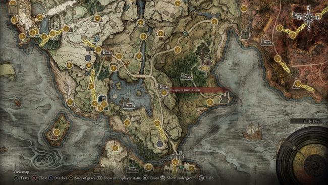 The location of the Waypoint Ruins on Elden Ring's map, which is where you first meet sorcerer Sellen.