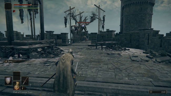 The player being attacked by Winged Misbegotten in Elden Ring's Castle Morne.