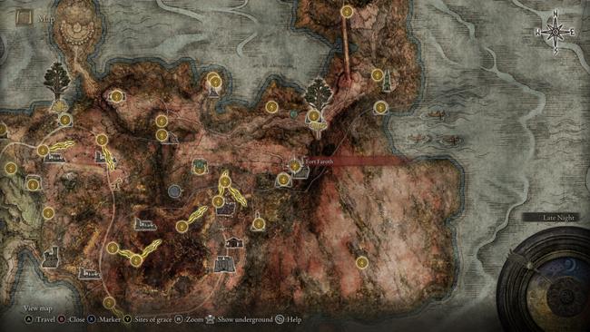 The map location of Fort Faroth, which is where you can get Radagon's Soreseal.