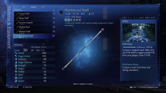 The reinforced staff is basically just an improved version of the Guard Stick, but its ATB Ward skill is very powerful when used right.