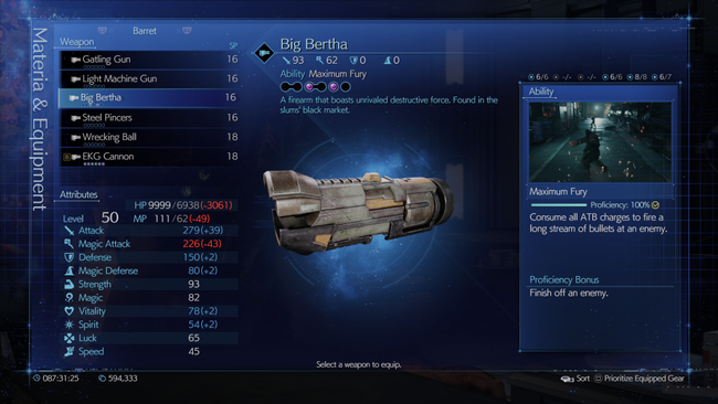 Big Bertha unlocks an absolutely vital ability for Barret - the powerful Maximum Fury, which lets rip it all.