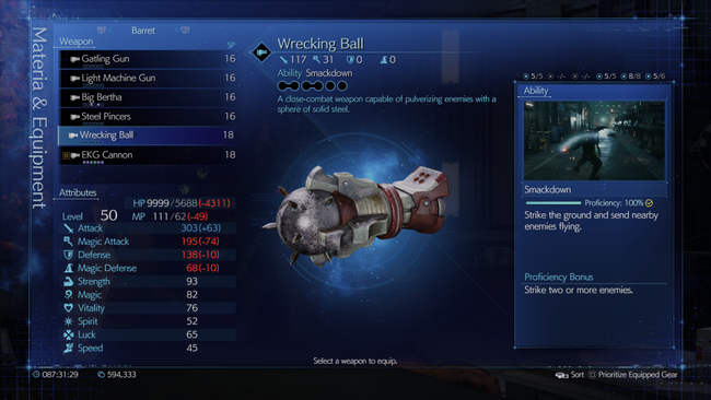 Barret's second melee weapon option, the Wrecking Ball lets him unleash the beatdown.