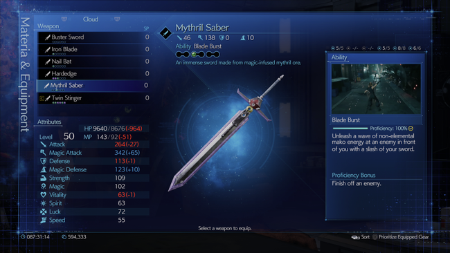 The Mythril Saber is the thinnest of Cloud's swords in FF7 Remake, but no less deadly.