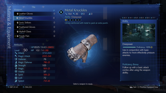 Tifa's first major weapon upgrade, the Metal Knuckles unlock the Overpower ability.