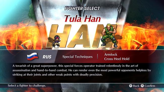 The stereotype tour around the world continues with Tula Han, a Russian who is basically a special forces soldier sort. His brutal holds are useful to learn.