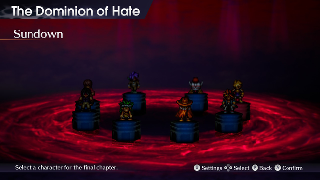 At the onset of Live A Live's final chapter, you'll need to choose one of the protagonists to act as your party lead for the remainder of the game.