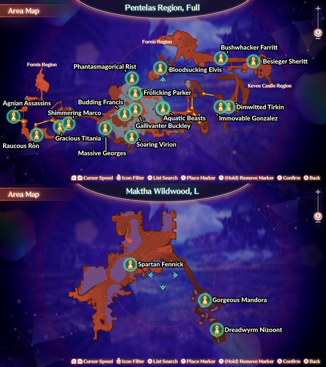 A location map for the unique monsters found in Xenoblade 3's Pentelas zone.