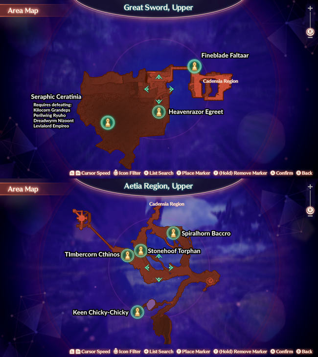 A map of Upper Aetia and Cavity in Xenoblade Chronicles 3, complete with Unique Monster locations.