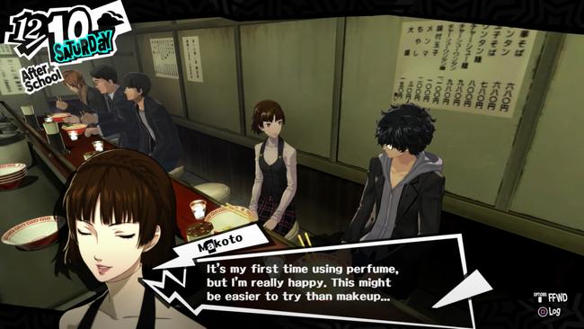 A screenshot of Makoto getting a gift in Persona 5. If you give her the right gifts, it can boost your confidant relationship.