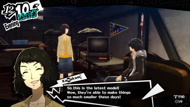 Kawakami reacting to receiving one of the Persona 5 gifts best suited to her.
