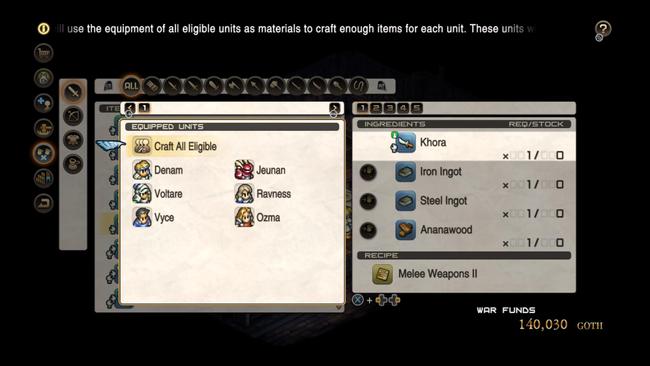 Choosing this option lets you craft and upgrade your equipped items, regardless of what unit they're equipped to.