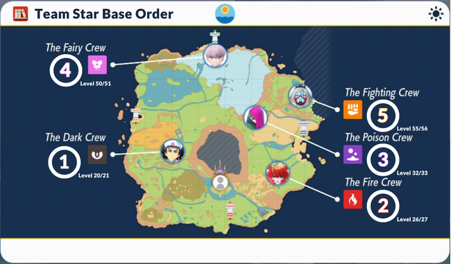 A map showcasing the best Team Star base order for Pokemon Scarlet & Violet.