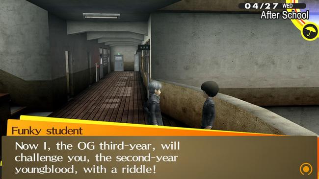 If you want to become the Riddle Master, you'll need to solve Funky Student's Persona 4 Golden riddles. Obviously.