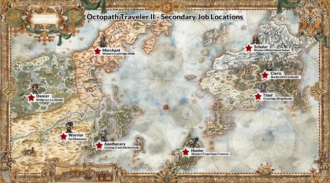 This map reveals all of the Octopath Traveler 2 Secondary Job unlock locations.