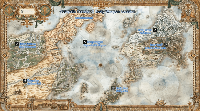 Here's a map of Octopath Traveler 2's world, with the locations of the Rusty Weapons marked.