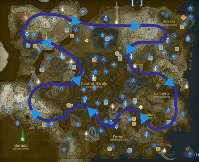 A map of the Light Dragon's path in Tears of the Kingdom, showing its route across Hyrule's skies.