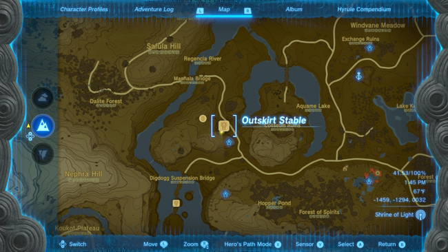 The location of the Outskirt Stable on the Hyrule surface.
